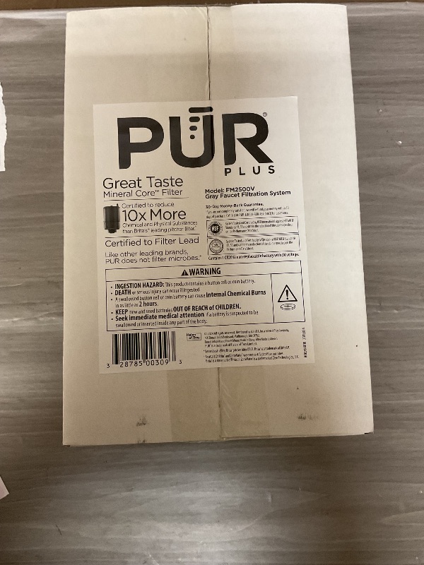 Photo 1 of PUR PLUS Vertical Faucet Mount Water Filtration System, Lead-Reducing Filter, Great-Tasting Water, Easy Install, Lasts 100 Gallons, Compatible with Sinks with External Aerators, Grey