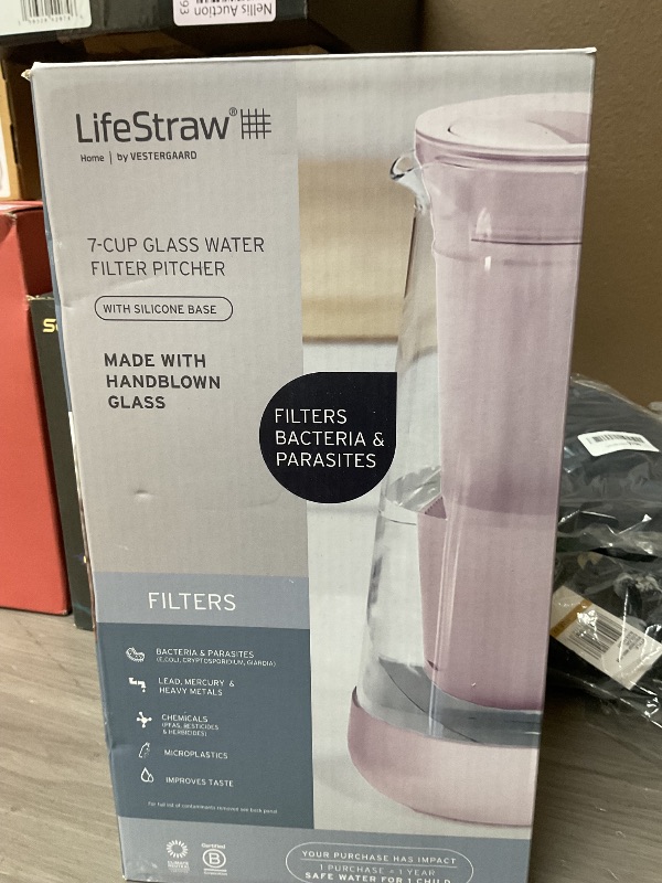 Photo 1 of LifeStraw Home– Water Filter Pitcher, 7-Cup, Glass with Silicone Base, Pink Bubble, for Everyday Protection Against Bacteria, Parasites, Microplastics, Lead, Mercury, PFAS and a Variety of Chemicals