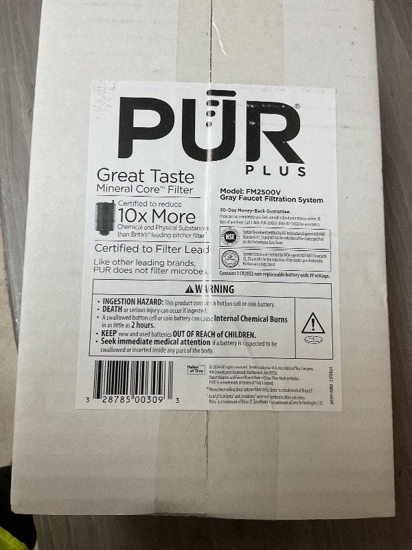 Photo 1 of PUR PLUS Vertical Faucet Mount Water Filtration System, Lead-Reducing Filter, Great-Tasting Water, Easy Install, Lasts 100 Gallons, Compatible with Sinks with External Aerators, Grey