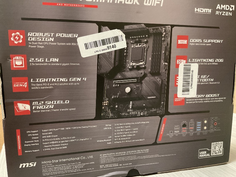 Photo 1 of MSI MAG B650 Tomahawk WiFi Gaming Motherboard (AMD Ryzen 9000/8000/7000 Series Processors, AM5, DDR5, PCIe 4.0, M.2, SATA 6Gb/s, USB 3.2 Gen 2, HDMI/DP, Wi-Fi 6E, Bluetooth 5.3, 2.5Gbps LAN, ATX)
