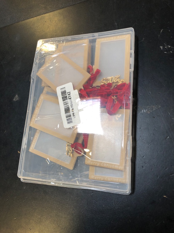 Photo 1 of 12 Pack Christmas Picture Frame Ornaments - 2x3 Inch Photo Frame Double-Sided Acrylic Hanging Photo Ornament with Red Satin Ribbon, Gold Picture Frame Ornaments for Tree, Holiday Party Home Decor