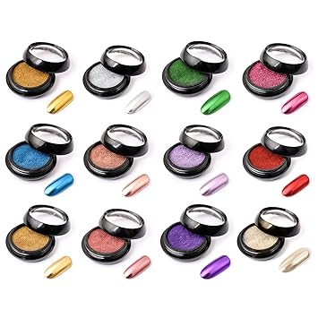 Photo 1 of Chrome Nail Powder, Dynaeuty 12 Colors Purple Blue Silver Mirror Effect Holographic Aurora Iridescent Pearlescent Manicure for Nails Art Decoration (12)
