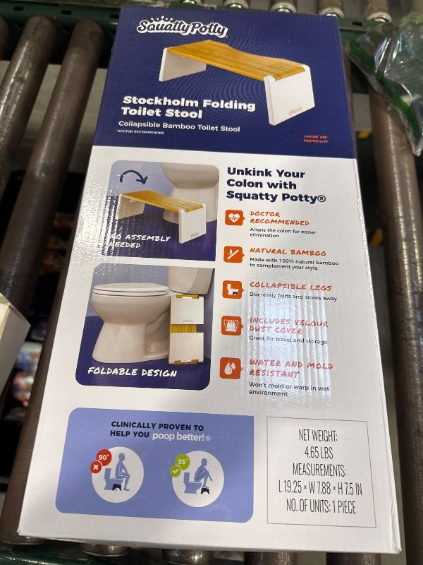 Photo 1 of Squatty Potty Stockholm Folding Bamboo Toilet Stool 7" Collapsible, Brown and White, 1 Count