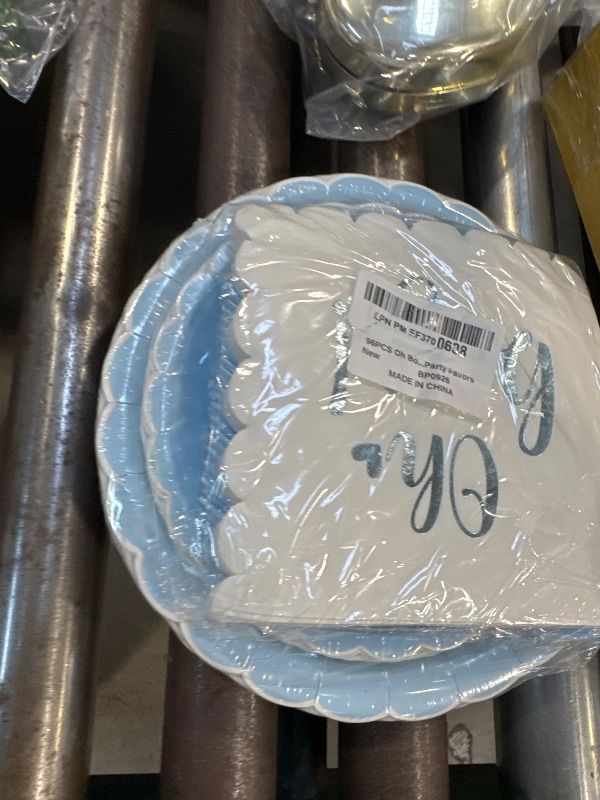 Photo 1 of 96PCS Oh Boy Baby Shower Decorations Blue Foil Scalloped Paper Plates Napkins Oh Boy Tableware Party Supplies Blue Baby Shower Dinnerware for Gender Reveal Birthday Welcome Party Favors