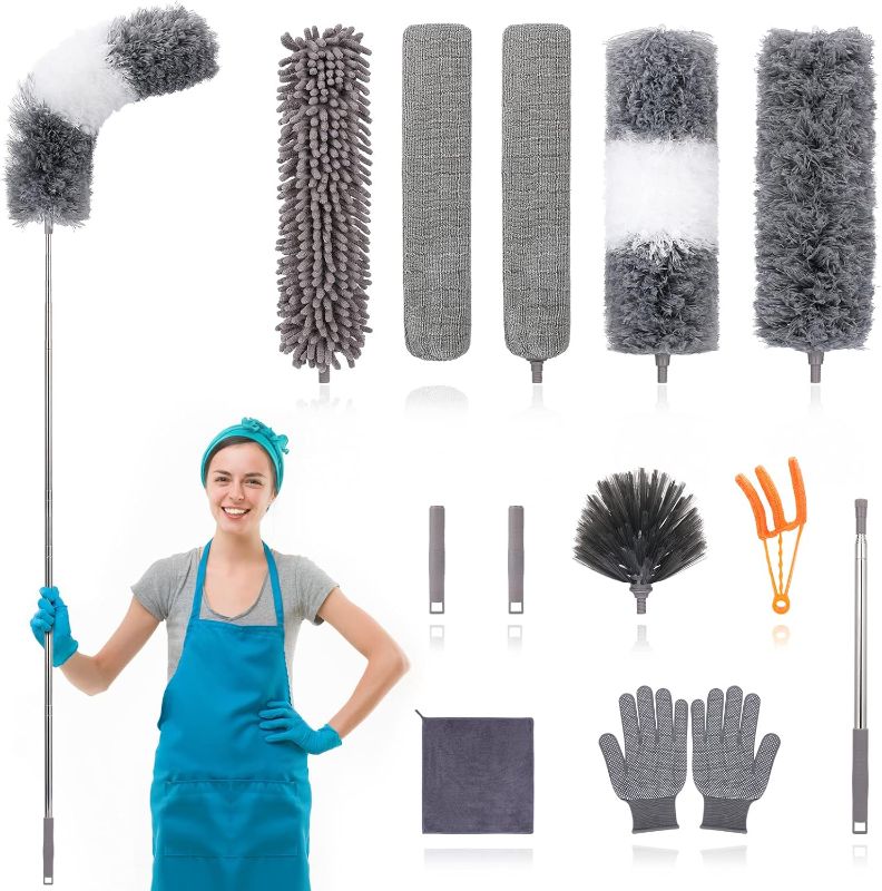 Photo 1 of 12pcs Microfiber Dusters, Duster with Extension Pole(Stainless Steel) 30 to 100'', Washable Dusters, Bendable Extendable Long Feather Duster for Cleaning Fan, High Ceiling, Blinds, Furniture, Cars
