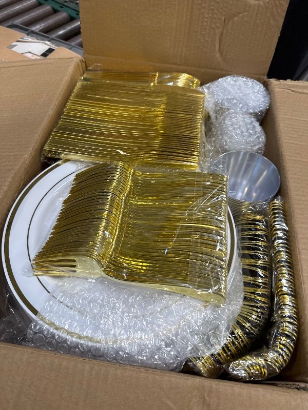 Photo 1 of Prestee 600-Piece Disposable Party Dinnerware Set for 100 Guests - Gold Silverware Disposable with Plates, Cups, Knives, Forks, Spoons - Elegant Utensils for Wedding, Reception and Events Supplies
