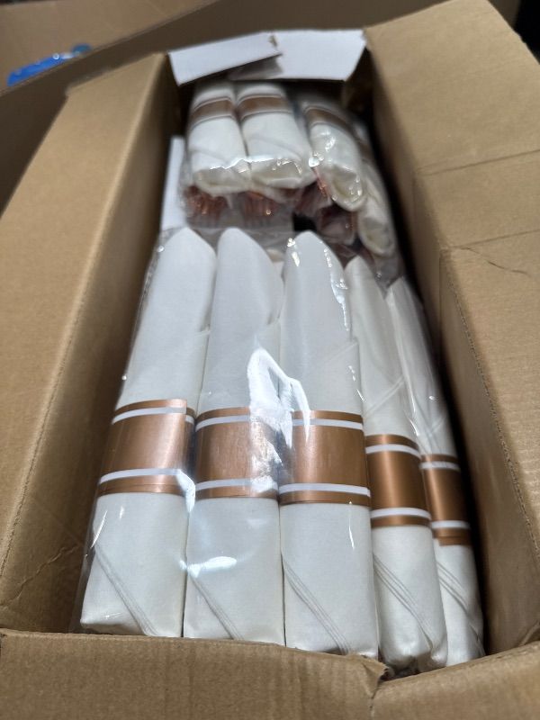 Photo 1 of WELLIFE 350 Pieces Rose Gold Plastic Dinnerware, 50 Guests Disposable Plates with Rose Gold silverware and Cups, 50 Pre Rolled Napkins with Cutlery, Perfect for Wedding and Party