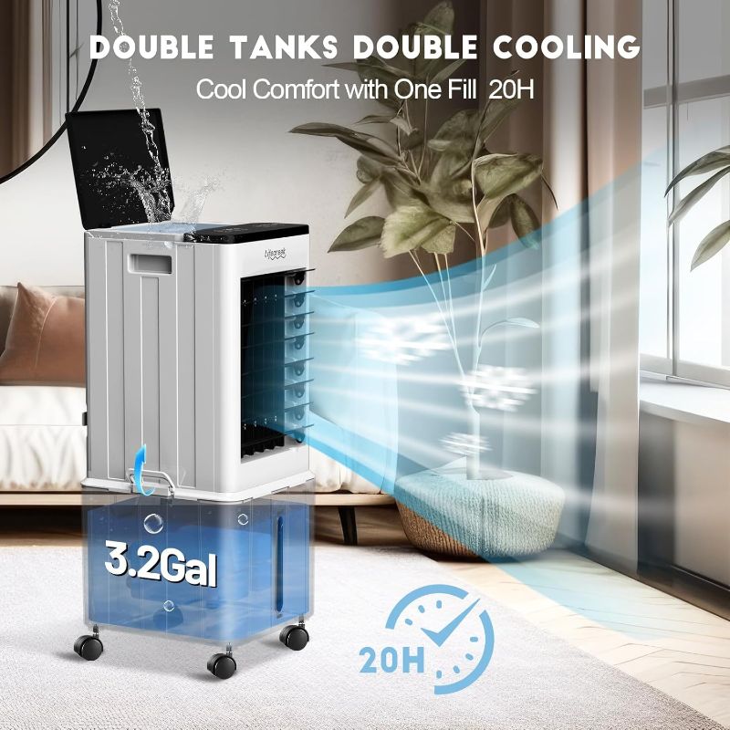 Photo 1 of Portable Air Conditioner, 3-IN-1 Evaporative Air Cooler w/3.2Gal Tank, 4 Modes & 3 Speeds, 12H Timer, 6 Ice Packs, Remote Control, Windowless Swamp Cooler for Bedroom,Home,No Hose Needed
