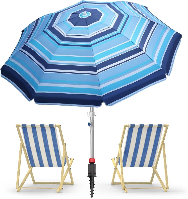 Photo 1 of 7ft Heavy Duty High Wind Beach Umbrella Parasols with sand anchor & Tilt Sun Shelter, UV 50+ Protection Outdoor Sunshade Umbrellas Carry Bag for Patio Garden Pool Backyard Stripe Blue
