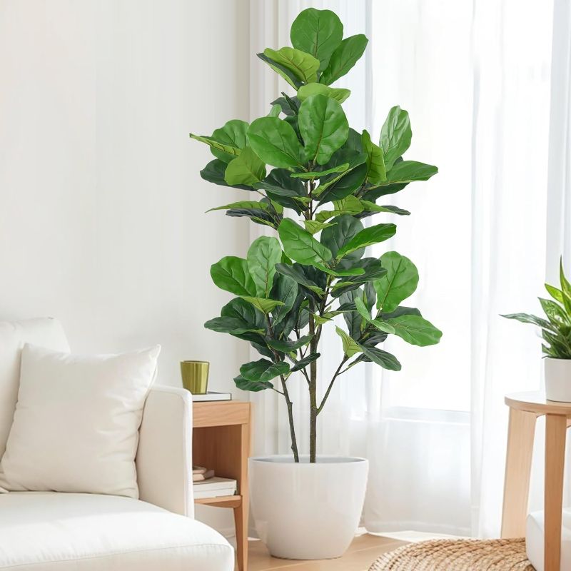 Photo 1 of Artificial Fiddle Leaf Fig Tree 6ft Tall Faux Tree with 82 Realistic Leaves, Fake Fig Tree Floor Potted Artificial Plants for Home Office Living Room Patio Porch Indoor Outdo80or Decor (6feet,1Pack)