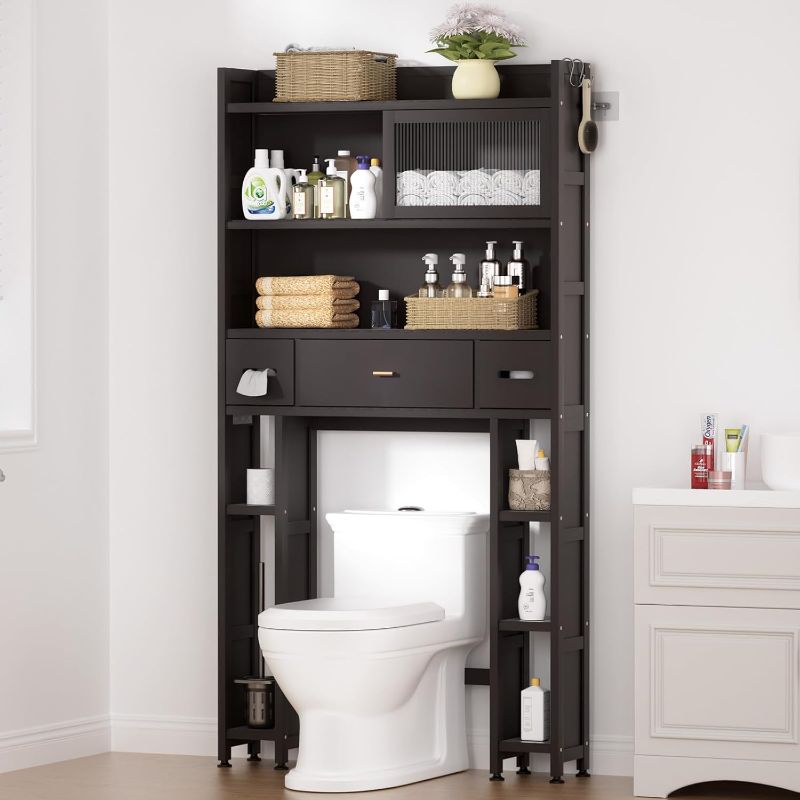 Photo 1 of Over The Toilet Storage Cabinet with Acrylic Sliding Door Panel, Bamboo Organizer Shelf with 2 Paper Drawers and 1 Big Drawer,Space Saver Rack for Bathroom (Brown)

