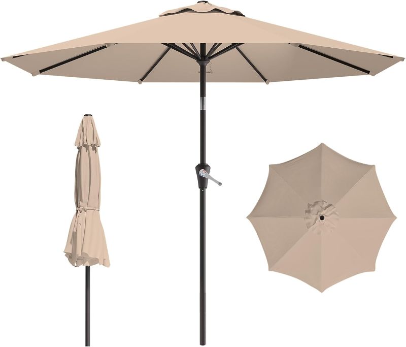 Photo 1 of AreShark 9 FT Patio Umbrella for Outdoor, Outdoor Umbrella with Push Button Tilt and Crank, Outdoor Patio Umbrellas with 8 Sturdy Ribs for Market, Garden, Deck, Backyard, Pool (Khaki)