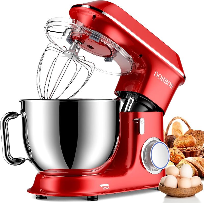 Photo 1 of DOBBOR Electric Stand mixer, 9.5QT 660W 7 Speeds Tilt-Head Dough Mixers, Bread Mixer with Dough Hook, Whisk, Beater, Splash Guard for Baking Bread, Cake, Cookie, Pizza, Muffin, Salad and More - Red
