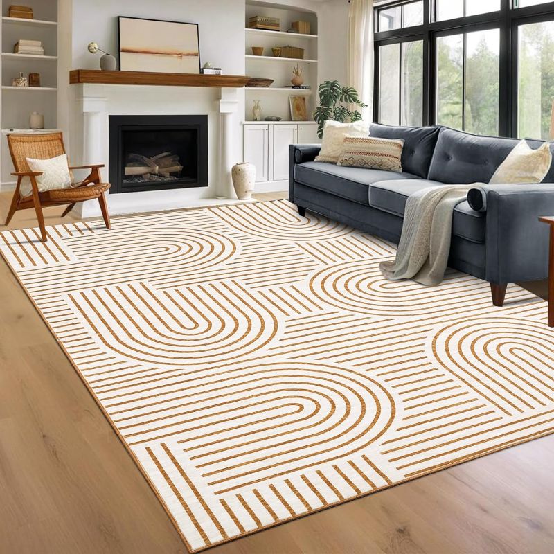Photo 1 of Washable Rug 9x12 Area Rugs for Living Room, Abstract Rug for Bedroom, Soft Rainbow Non Slip Throw Rugs with Rubber, Low Pile Stain Resistant Boho Geometric Carpet for Dining Room, Orange
