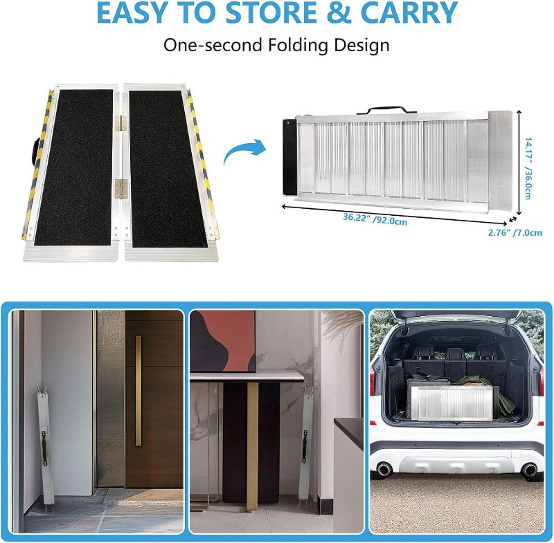 Photo 1 of 3FT Portable Wheelchair Ramp, Non-Slip Aluminum Folding Handicap Ramp, 800 LBS Capacity Door Threshold Ramps for Home Steps, Scooter Ramp for Car, Doorways, Curbs, Stairs, Cart, Wheel Chair Steps
