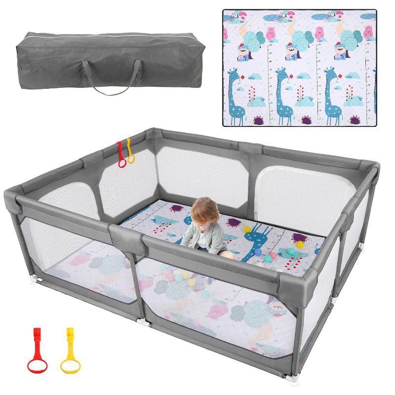 Photo 1 of Baby Playpen with Mat 75"*59", Large Play Pen for Babies and Toddlers with Soft Breathable Mesh, Climb-Proof Anti-Fall Baby Playpen, Sturdy Safety Play Yard for Indoor Outdoor Fun, Grey
