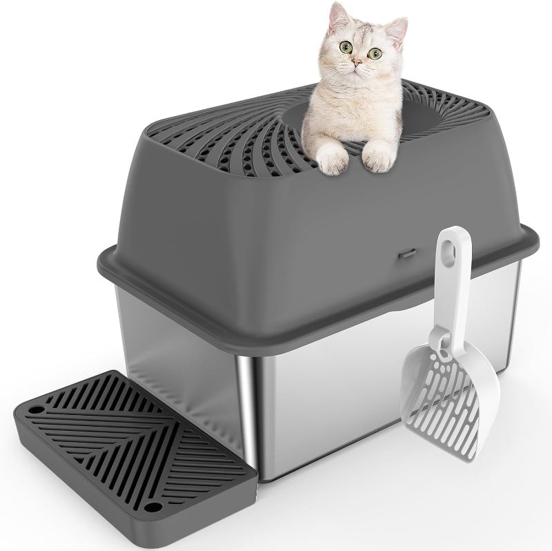 Photo 1 of 8" Deep Stainless Steel Litter Box with Lid, Top Entry Cat Litter Box for Dog-Proof, Enclosed Cat Litter Pan with Footboard, Odor Control, Anti-Leakage, Non-Sticky, Easy Cleaning (Charcoal Gray)
