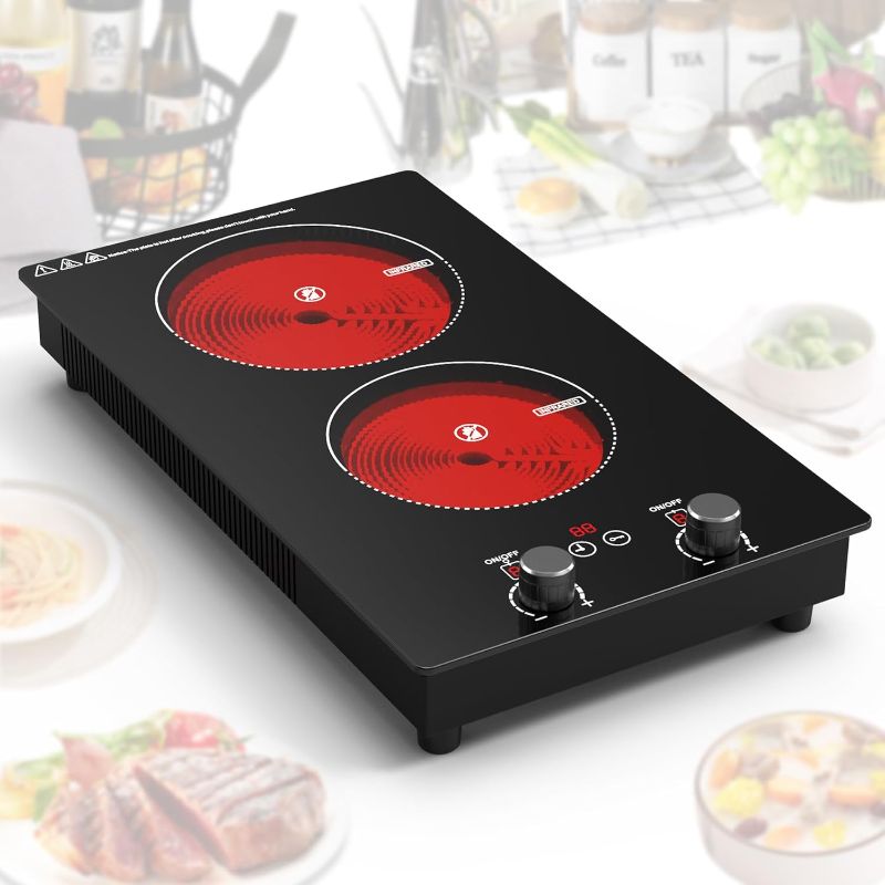 Photo 1 of Electric Cooktop,110V 2400W Electric Stove Top with Knob Control, 11 Power Levels, Kids Lock & Timer, Hot Surface Indicator, Overheat Protection,Built-in and Countertop 2 Burner Electric Cooktop
