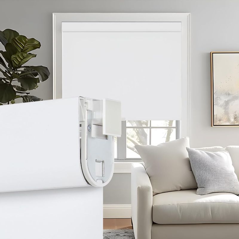 Photo 1 of Persilux No Drill No Tools Blackout Roller Shades for Indoor Window Shades Cordless Roller Blinds, UV Protection Thermal Insulated Roller Window Shades for Home Bedroom Office (White, 36.5"W x 72"H)

