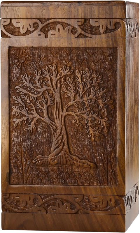 Photo 1 of INTAJ Handcarved Wooden Cremation Urn for Human Ashes - Tree of Life Design, 640lbs Capacity, Suitable for Adult Men and Women - Decorative Funeral Urn Box and Casket - Companion Urn Carved Box
