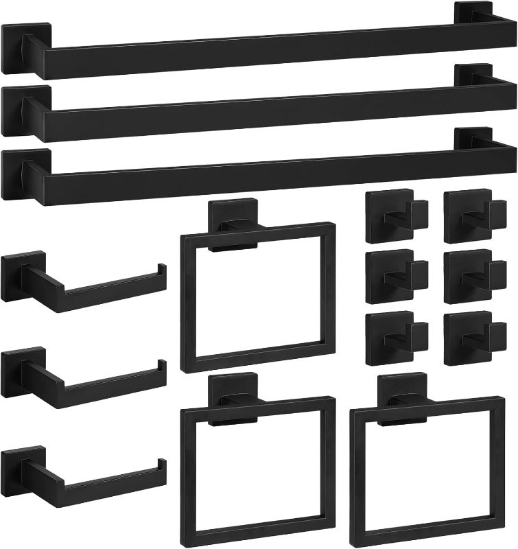 Photo 1 of Cilee 15-Pieces Bathroom Hardware Set - Matte Black Bathroom Accessories, 24 Inch Towel Bar, Square Towel Ring, Toilet Paper Holder, Towel Hook, Wall-Mounted Stainless Steel Towel Bar Rack Set
