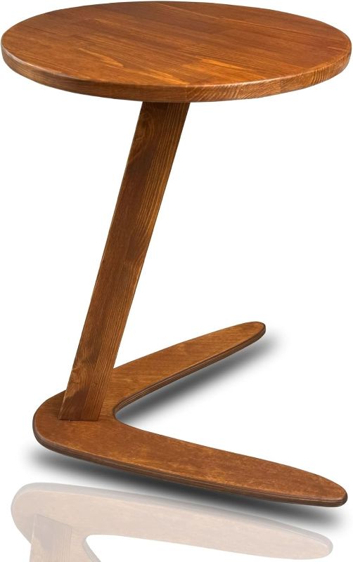 Photo 1 of C-Shaped Handmade Solid Wood End Table, Side Table for Couches, Sofa Tables Slide Under Couch for Living Room, Over Couch TV Tray Table for Small Spaces (Medium, Chestnut)
