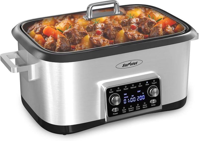 Photo 1 of Sunvivi  Slow Cooker Roaster Oven, 12 in 1 programmable Multi-Cooker Food Warmer with Digital Timer, Temp Control, Removable Cast Aluminum Pot & Dishwasher-Safe Tempered Glass Lid, Stainless
