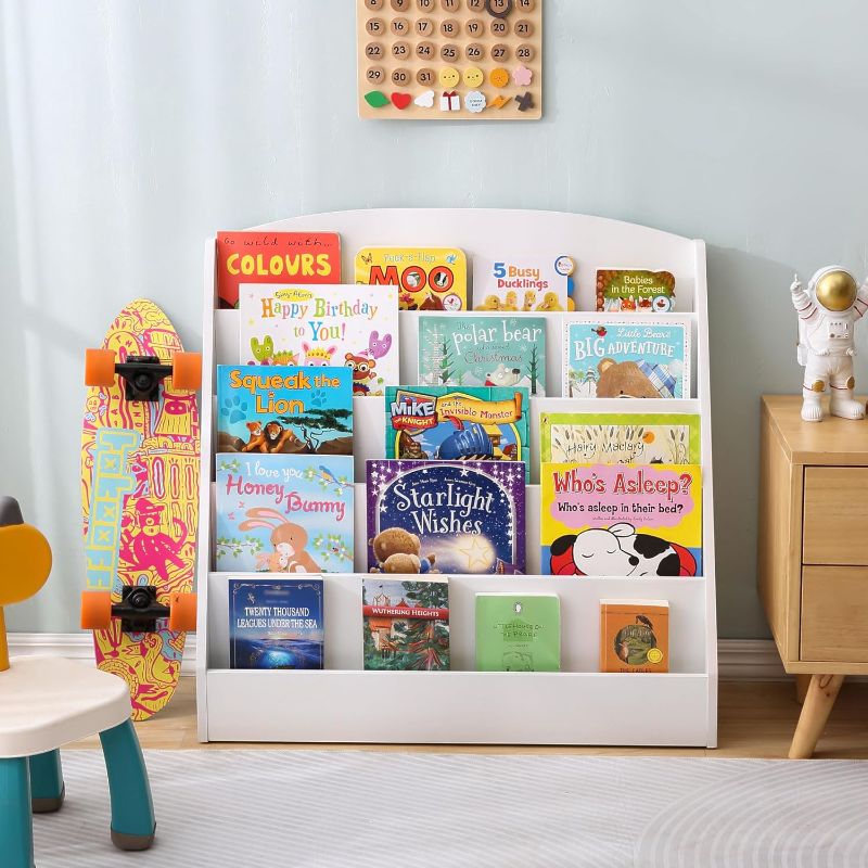 Photo 1 of TOETOL 5-Tier Kids Bookshelf - Toddler Book Display Shelves for Classrooms, Playrooms, and Nursery - Wooden Children Book Rack (White)
