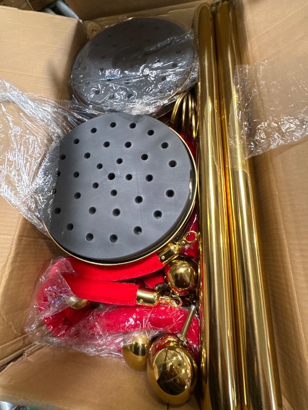Photo 1 of 6PCS gold Stanchions Posts with 4PCS 5 ft Red Velvet Rope, Red Velvet Rope Stanchion Set Crowd Control Barriers, Stanchions and Velvet Ropes Red Carpet Poles for Party Supplies
