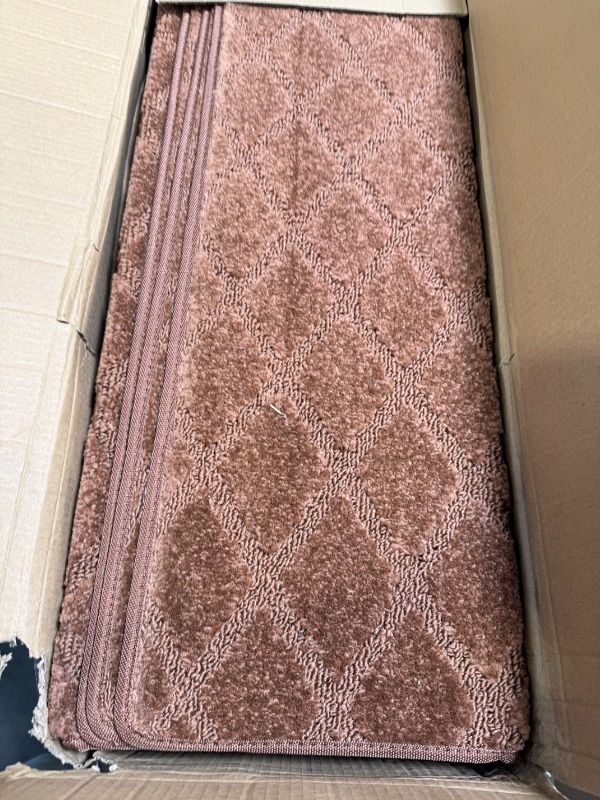 Photo 1 of Bullnose Stair Treads Non Slip 9.5" x 32", 14 Pcs Carpet Stair Treads for Wooden Steps Indoor with Edge Protection, Reusable Peel and Stick TPU Backing Stair Runner Rugs - Diamond Pattern Brown

