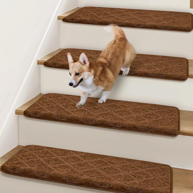 Photo 1 of Bullnose Stair Treads Non Slip 9.5" x 32", 14 Pcs Carpet Stair Treads for Wooden Steps Indoor with Edge Protection, Reusable Peel and Stick TPU Backing Stair Runner Rugs - Diamond Pattern Brown
