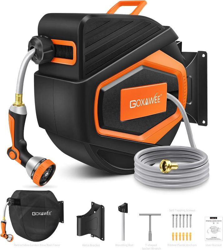 Photo 1 of GOXAWEE Retractable Garden Hose Reel, 1/2" x 100 ft Upgraded UV Resistant Water Hose Reel Wall Mounted, Any Length Lock, Automatic Rewind, 180°Swivel Metal Bracket, Orange
