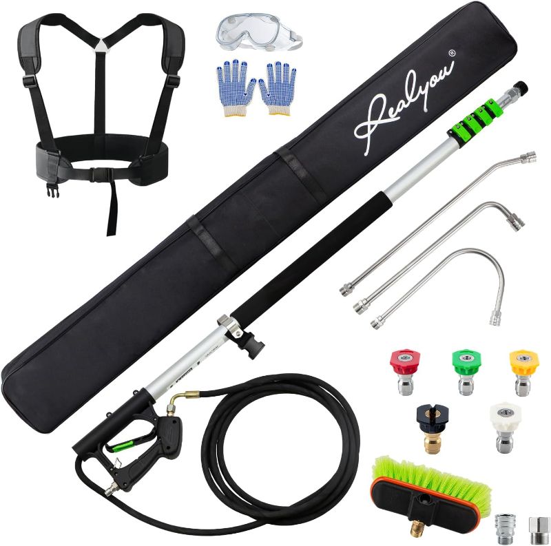 Photo 1 of 24 FT Pressure Washer Telescoping Wand with Pressure Washer Extension Wand, Gutter Cleaner Tool, 5 Spray Nozzle Tips, 2 Hose Adapters, Support Belt and Bursh Head

