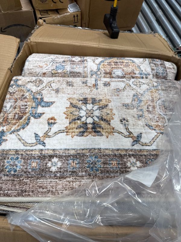 Photo 1 of 9x12 Area Rug,Ultra-Thin Washable Rugs for Living Room,Non-Slip Lightweight Foldable Area Rug,Stain Resistant Vintage Large Rugs (Apricot/Blue, 9'x12')
