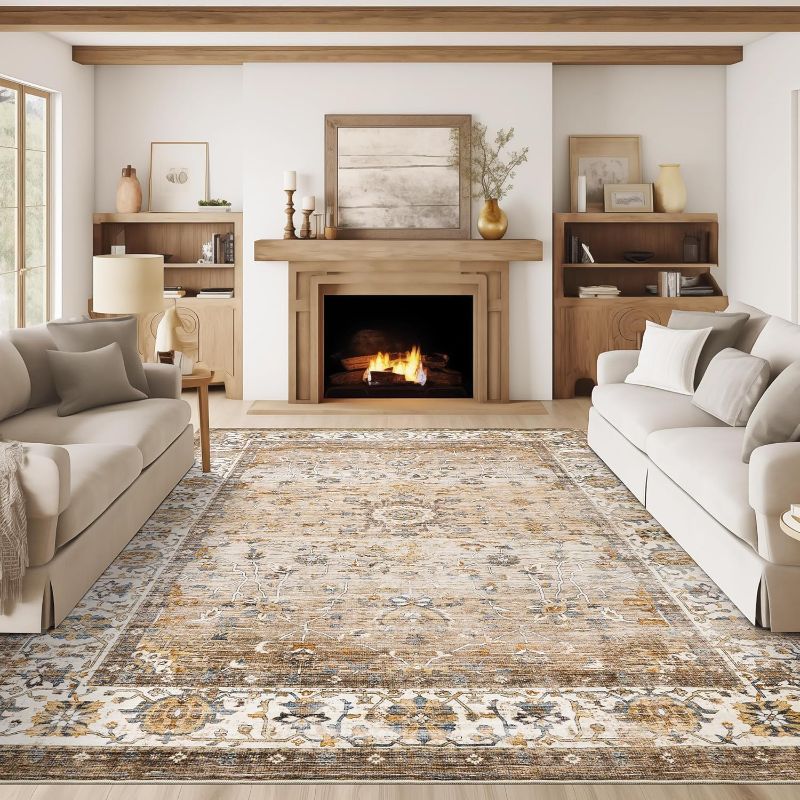 Photo 1 of 9x12 Area Rug,Ultra-Thin Washable Rugs for Living Room,Non-Slip Lightweight Foldable Area Rug,Stain Resistant Vintage Large Rugs (Apricot/Blue, 9'x12')
