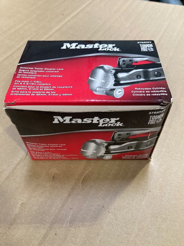 Photo 1 of Master Lock Black Universal Size Trailer Hitch Lock, Trailer Coupler Lock for Securing RV’s, Horse Trailers, Tool Trailers and More, 379ATPY