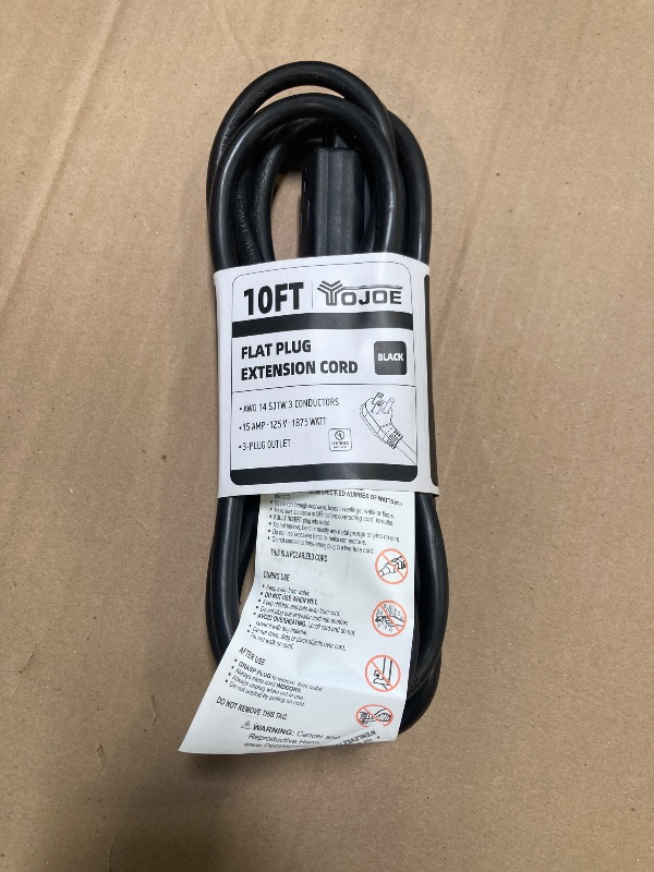 Photo 1 of YOJOE 3-Outlets Flat Plug Indoor Extension Cord Outlet Extender, 3 Prong 10 ft 15A Power Strip, 14 Gauge Heavy Duty Black Extension Cord, 14/3 SJTW, UL Listed