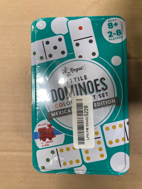 Photo 1 of Regal Games Double 12 Mexican Train Dominoes Set with 91 Colored Domino Tiles, 4 Trains, Hub & Collector's Tin – for 2-8 Players, Ages 8+ – Perfect for Family Game Night, Kids & Adults