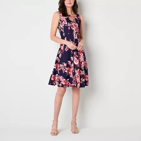 Photo 1 of Studio 1 Womens Sleeveless Floral Fit + Flare Dress Petite, Petite Medium, Blue
