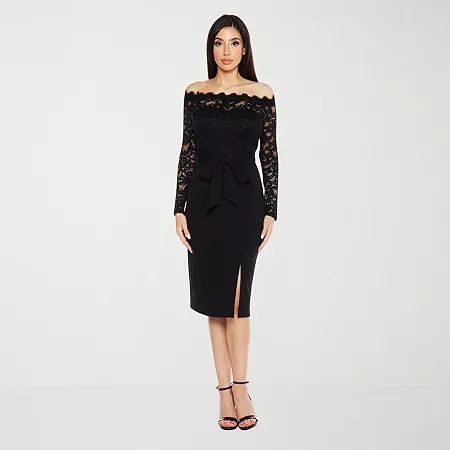 Photo 1 of Premier Amour Lace Long Sleeve MIDI Sheath Dress, 12, Black
