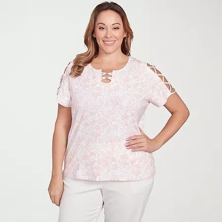 Photo 1 of Hearts of Palm Plus Size Short Sleeve Should Cut Out Top - Light Pink Multi XL