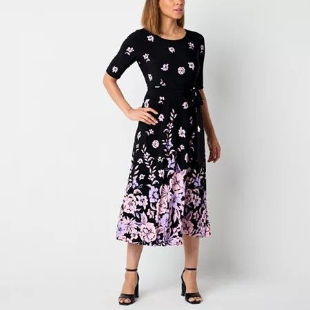 Photo 1 of Black Label by Evan-Picone Womens Short Sleeve Floral MIDI Fit + Flare Dress, 12, Black