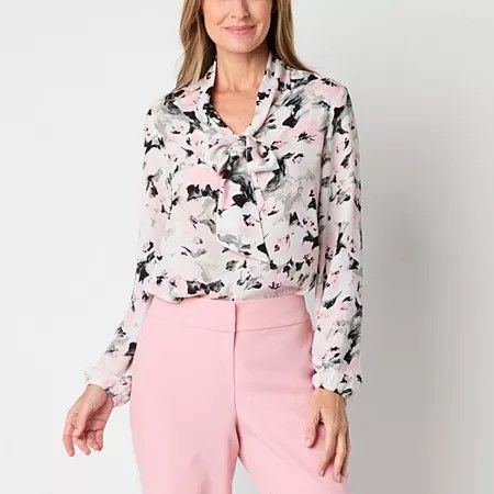 Photo 1 of Black Label by Evan-Picone Womens Split Tie Neck Long Sleeve Blouse, Large, Pink