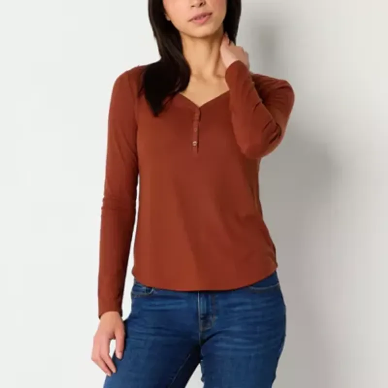 Photo 1 of a.n.a Womens Long Sleeve Henley Shirt Brandy Brown Size M
