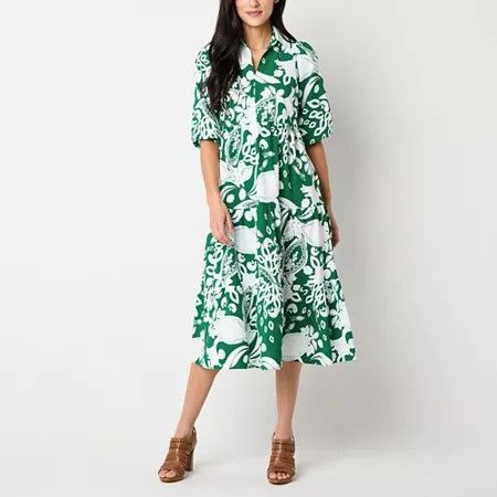 Photo 1 of 52seven Womens 3/4 Sleeve Scroll MIDI Fit + Flare Dress, Medium, Green
