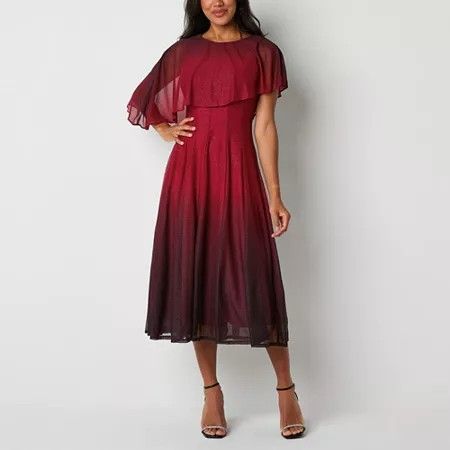 Photo 1 of Danny & Nicole Glitter Womens Short Sleeve Ombre MIDI Cape Fit + Flare Dress, 12, Red