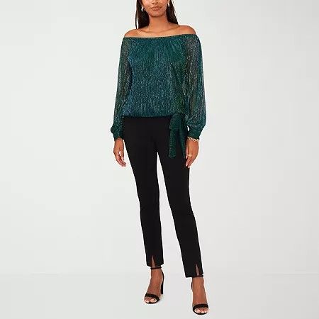Photo 1 of MSK Petite Womens Straight Neck Long Sleeve Blouse, Petite X-large, Green