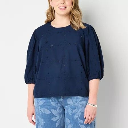 Photo 1 of Liz Claiborne Plus Womens Crew Neck 3/4 Sleeve Blouse, 2x, Blue
