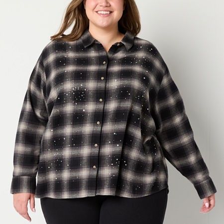 Photo 1 of A.n.a Plus Womens Long Sleeve Embellished Oversized Button-Down Shirt, 3x, Black
