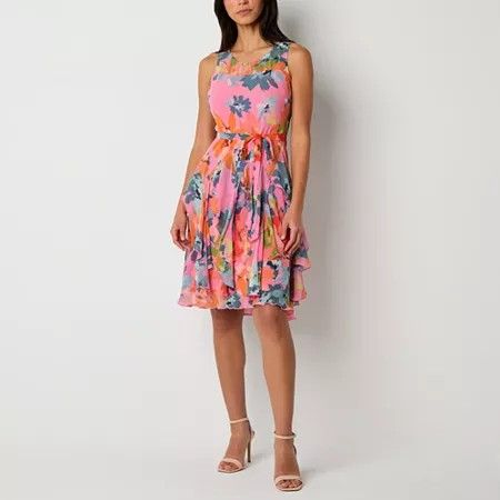 Photo 1 of Robbie Bee Womens Sleeveless Floral Fit + Flare Dress Petite, Petite Large, Pink
